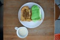 Toast with custard topping and milk Royalty Free Stock Photo