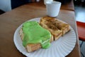 toast with custard topping and milk Royalty Free Stock Photo