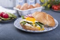 Toast with egg and asparagus for breakfast. A closed sandwich. Healthy food. Copy space