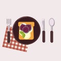 Toast with fig and cream cheese served on a plate with fork, knife, spoon and napkin. Healthy food. Vector illustration