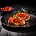 Toast with finely chopped tomatoes and herbs on the table in close-up