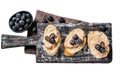 Toast with Foie gras pate and fresh blueberry on wooden board. Isolated on white background, top view.