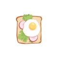 Toast with fried eggs, rucola and cream cheese on grilled bread. Sandwich with slices of fresh ingredients. Vegetarian