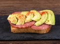 Toast with grain bread, half-smoked sausage and avocado slices sprinkled with paprika. Royalty Free Stock Photo