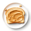 Toast with peanut butter on white background.