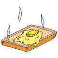 Toast with a piece of butter icon. Vector piece of butter on toast. Hand drawn hot buttered toast. Bread toast