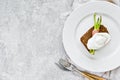 Toast with poached egg and grilled mini asparagus in bacon. Gray background, top view, space for text. Royalty Free Stock Photo