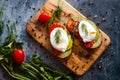 Toast with poached eggs, tomatoes, avocado, spices and herbs Royalty Free Stock Photo