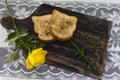 Toast and roses, romantic breakfast on Valentine& x27;s Day. Served on an wooden board with copy space Royalty Free Stock Photo