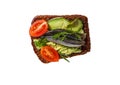 Toast or sandwich on the brown tommy - bread with seedless avocado, anchovy and cherry tomatoes isolated on white background.