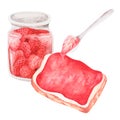 Toast with strawberry jam. Watercolor illustration. Isolated on a white background. For design.