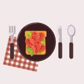 Toast with tomato and avocado served on a plate with fork, knife, spoon and napkin. Healthy food. Vector illustration