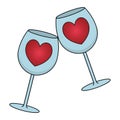 Toast. Two wine glasses decorated with hearts. The ringing of crystal wine glasses. Colored vector illustration. Isolated. Royalty Free Stock Photo