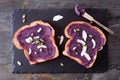 Toast with ube halaya jam, coconut and pumpkin seeds on a dark slate background Royalty Free Stock Photo