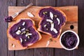 Toast with ube halaya jam, coconut and pumpkin seeds. Platter on a dark wood background. Royalty Free Stock Photo
