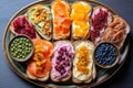 toast with various spreads and toppings on a plate