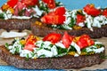 Toast with white cheese, tomato and greens. Useful vegetarian toast. Keto diet. Keto lunch idea. Healthy food.