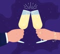 Toast with wine glasses for New Year flat color vector illustration