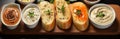 Toasted baguette with various vegetable and spicy sauces, appetizer and snack