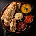 Toasted baguette with various vegetable and spicy sauces, appetizer and snack