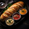 Toasted baguette with various vegetable and spicy sauces, appetizer and snack