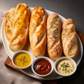 Toasted baguette with various vegetable and spicy sauces, appetizer and snack