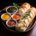 Toasted baguette with various vegetable and spicy sauces, appetizer and snack