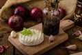 Toasted bread with brie cheese and caramelized onions Royalty Free Stock Photo