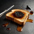 Toasted bread with a dark, viscous spread is placed on a black surface. Royalty Free Stock Photo