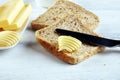 Toasted bread with fresh butter curls. margarine or spread, natural dairy product on breakfast bread Royalty Free Stock Photo