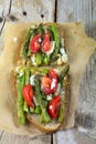 Toasted bread with green asparagus, tomatoes and parmesan gratin Royalty Free Stock Photo