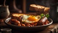 Toasted bread, grilled pork, and fried egg English breakfast plate generated by AI