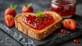 Toasted bread with heart-shaped strawberry jam, accompanied by fresh strawberries and mint, presenting a sweet and romantic Royalty Free Stock Photo