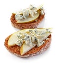 Toasted bread with pear and blue cheese Royalty Free Stock Photo