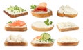 Toasted bread with tasty cream cheese, salmon, prosciutto and cucumber on white background, collage Royalty Free Stock Photo