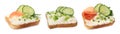Toasted bread with tasty cream cheese, salmon, prosciutto and cucumber on white background, collage. Banner design Royalty Free Stock Photo