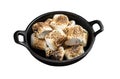 Toasted Marshmallow on open campfire in a skillet. Isolated on white background. Top view. Royalty Free Stock Photo