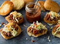 Toasted pulled pork sliders topped with homemade barbecue sauce. Royalty Free Stock Photo