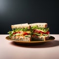 Vibrant Sandwich On Plate: High-energy Advertising Photo With Simple Background
