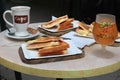 Toasted sandwich with melted cheese. Selective focus.