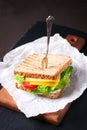 Toasted sandwich with salad leaves, tomatoes and cheese with fork on a cutting board on a dark background Royalty Free Stock Photo