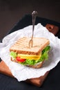Toasted sandwich with salad leaves, tomatoes and cheese with fork on a cutting board Royalty Free Stock Photo