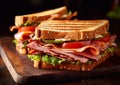 Toasted sandwiches with ham and cheese and vegetables on wooden table.Macro.AI Generative