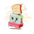 Toaster cute character and `GOOD MORNING` text inside toasted bread. typographic. happy morning and breakfast concept