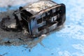 Toaster after fire. Household electrical appliance fire hazard