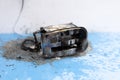 Toaster after fire. Household electrical appliance fire hazard