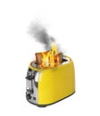 Toaster flaming up while cooking slices of bread on white background. Unsafe appliance Royalty Free Stock Photo