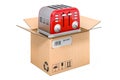 Toaster retro design inside cardboard box, delivery concept. 3D rendering