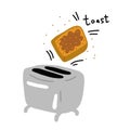 Toaster and slice of bread. Kitchen equipment. Breakfast toast. Hand drawn sketch. Vector poster. Cartoon illustration. Royalty Free Stock Photo