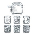 Toaster and various toppers on toasted bread. Cooking breakfast, vector sketch illustration. Brunch menu design elements